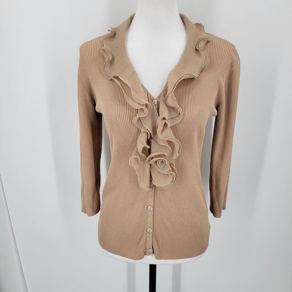 Adrienne Vittadini Studio Petite PL Beige Ribbed Ruffle V-Neck Button Cardigan